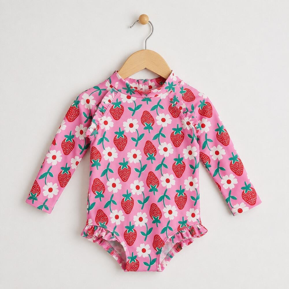 Baby Boden Baby Girl Strawberry Floral Rash Guard Swimsuit 3-6M 68cm Pink